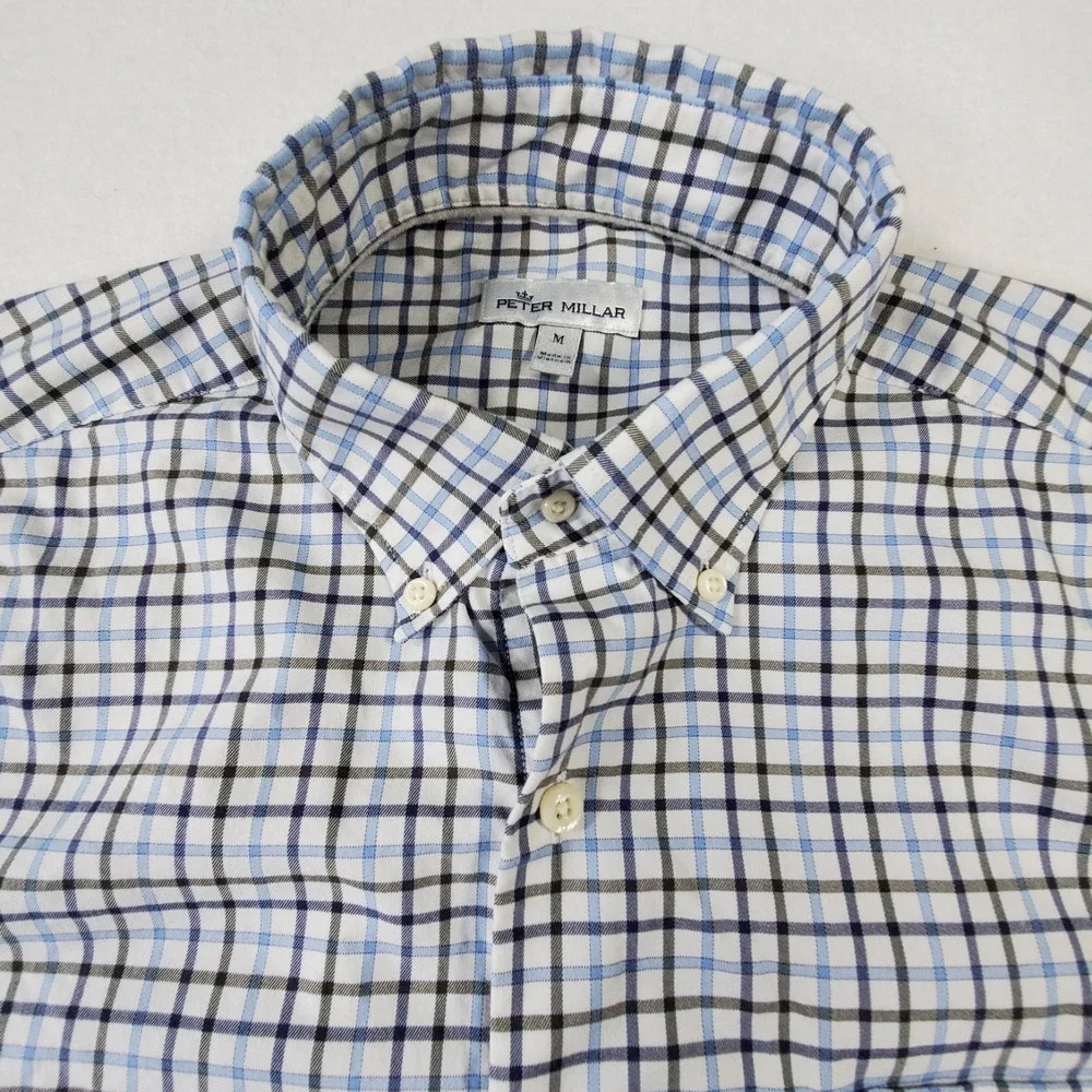 Peter Millar Yamaha Golf Button Down Shirt Mens Medium Blue‎ Plaid Stretch